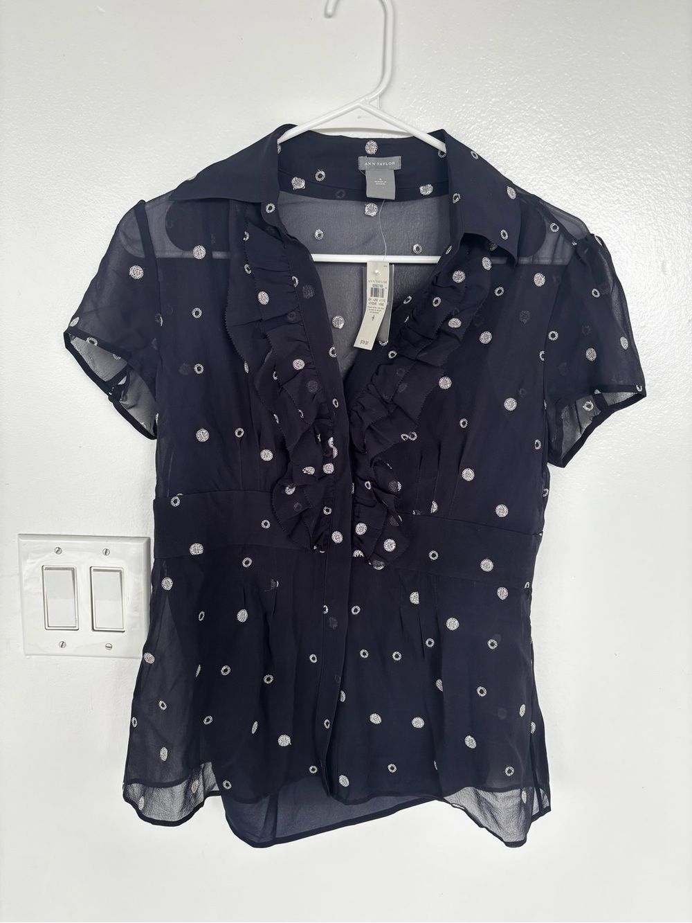 Ann Taylor Navy Sheer Polka Dot Ruffle-Front Blouse